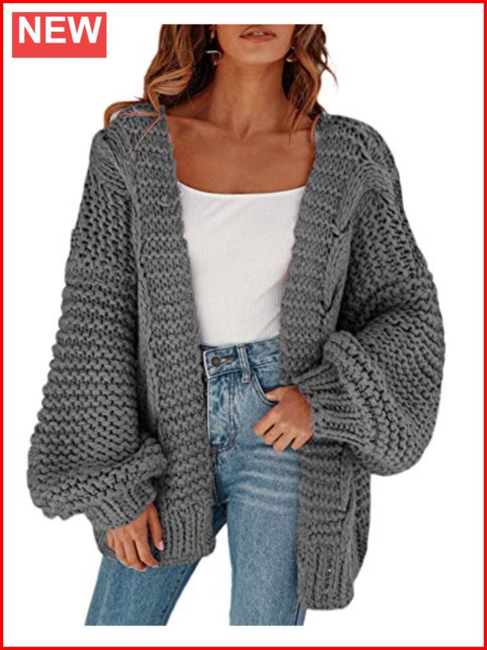 Open Front Chunky Knit Cardigan Loose Lantern Sleeve Oversized Sweater Coat